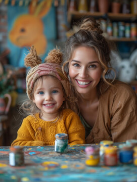 Mother and daughter smile while painting picture together.