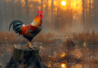 Rooster crowing on stump in the morning - obrazy, fototapety, plakaty