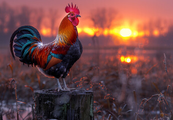 Rooster crowing on stump at sunrise - obrazy, fototapety, plakaty