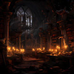 Ancient library with dusty scrolls and dim candlelight