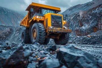 A powerful yellow dump truck is captured in a rocky mine setting, symbolizing industry and...