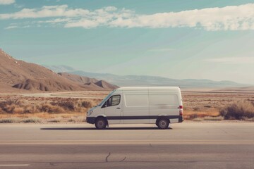 A new white cargo van driving on a desert road, a blank slate for branding and advertising mockups