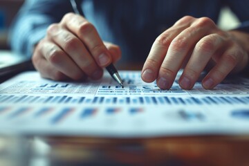 Detailed image of a man's hands holding a pen over various analytical charts and data sheets in a business environment