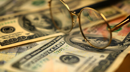 air of eyeglasses sits on top of a pile of U.S. dollar bills. - obrazy, fototapety, plakaty
