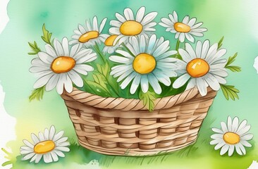 Fototapeta na wymiar Watercolor illustration of wicker basket with daisies on light green background, greeting card concept, floral arrangement