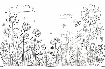 Composition with wildflowers and butterflies in black and white style, sketch, illustration of flower-themed coloring book for adults and children
