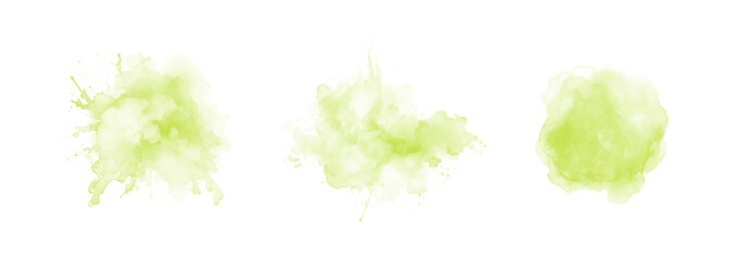 Set of abstract green watercolor water splash on a white background. Vector watercolour texture in salad color. Ink paint brush stain. Green splatters spot. Watercolor pastel splash