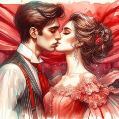 Sensual Kiss: Watercolor Portrait of a Romantic Embrace