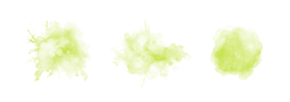 Set of abstract green watercolor water splash on a white background. Vector watercolour texture in salad color. Ink paint brush stain. Green splatters spot. Watercolor pastel splash