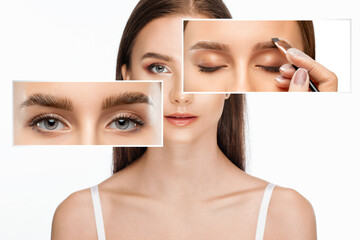 Permanent make-up for eyebrows of beautiful woman in beauty salon. Closeup beautician doing...