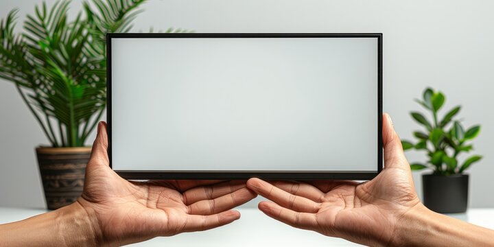 Flat screen with pure white background, hand holding screen and picture