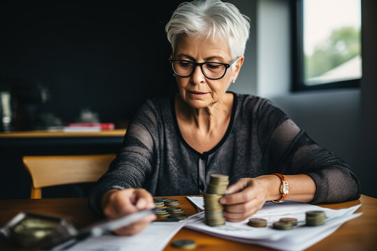 Serious Mature Woman Doing Financial Accounting Paperwork At Home, Checking Paper Bills And Calculating Budget.