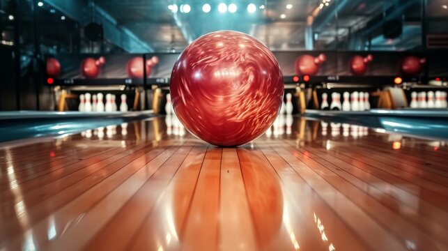 Generative AI image of of a bowling ball hitting pins scoring a strike, bottom view and action shot. Ten pin bowling game concept.