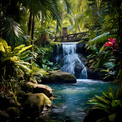 Cascading waterfall in a lush tropical setting. 
