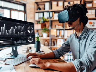 A professional engaging with a virtual reality headset, interacting with a data analytics interface at a modern workspace.