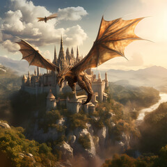 Dragon flying over a medieval castle. 