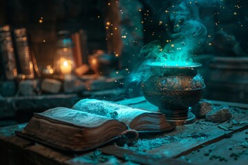 Sorcerers lair, ancient tomes, bubbling cauldron, mystical ambiance