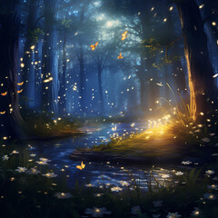 Dreamy forest scene with fireflies illuminating the air.