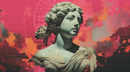Vaporwave, psychedelic antique sculpture banner illustration.