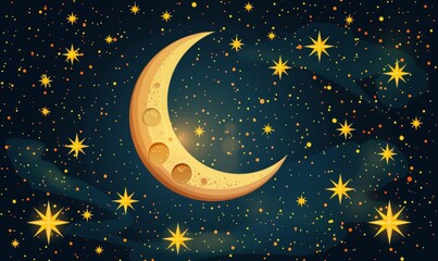 Naklejka premium Crescent moon with stars on dark background.