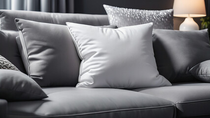 White decorative pillow on a modern grey couch 