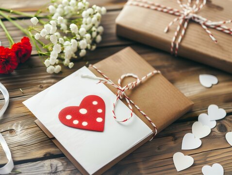 Lovely gift wrapped in kraft paper or cardboard on a wooden table, charming backdrop evoking nature, picturesque and rustic atmosphere with fresh flowers and heart shapes, beautiful romantic card