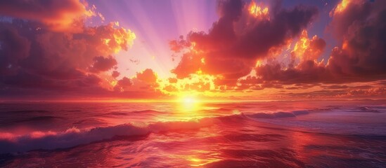 The painting depicts a vibrant sunset over the ocean, showcasing warm hues blending with cool blues. The sky is ablaze with orange, pink, and purple colors as the sun dips below the horizon, casting a - obrazy, fototapety, plakaty