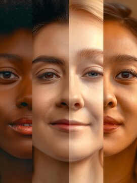 Close up composite portrait of a multiple woman, collage photograph made with four women's profile photo with different skin, eyes and hair colors and diverse facial features, smiling confidently 