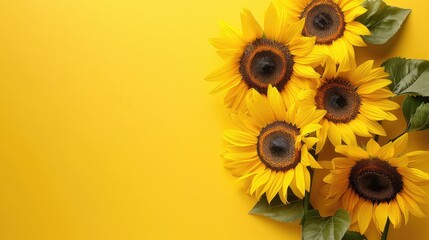 Beautiful sunflowers on yellow background.View from above. Background with copy space. 
