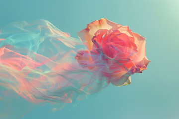 Fantastic and dreamy flower background. A rose blowing gently in the wind. Petals fluttering like a silk dress. Illustration with a dreamy atmosphere. Pastel tones with copy space.
 - obrazy, fototapety, plakaty