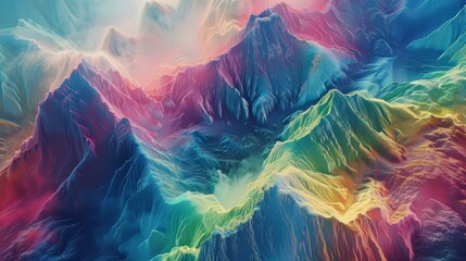 The abstract shapes of Fuji mountain distort and warp in a hallucinatory rainbow haze, seen from a disorienting aerial perspective - obrazy, fototapety, plakaty