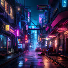 Neon-lit cyberpunk alleyway with futuristic advertisements