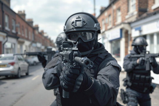 special forces police team close-up on officer in action