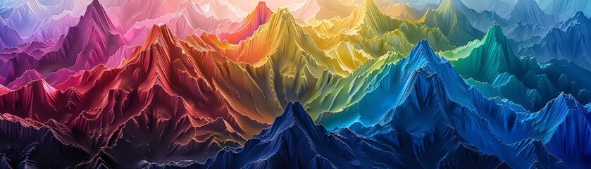 The aerial view reveals a close-up of the jagged peaks and valleys of Fuji mountain, painted with a chaotic rainbow palette - obrazy, fototapety, plakaty