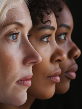 Portrait of three women of different skin, hair and eye color, beautiful ladies profile, symbol of feminism, fight for equal opportunities, literacy, freedom, respect, empowerment and women's rights