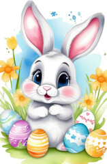 Easter bunny with colorful eggs and flowers. Watercolor illustration