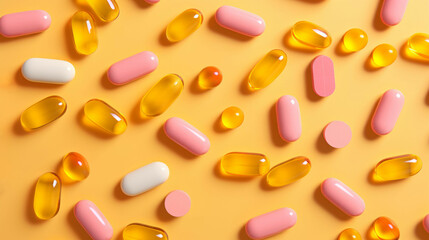 Collection of pink and orange pills. Supplement, prescription pills