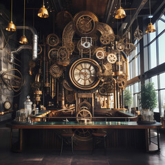 Steampunk-inspired cafe with gears and brass accents