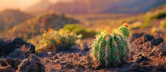 Rolgordijnen Canarische Eilanden A small cactus plant stands tall in the arid desert, surrounded by vast sandy terrain. Despite harsh conditions, the cactus displays admirable growth and resilience.