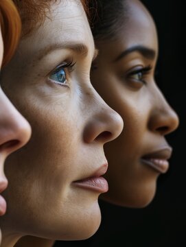 Beautiful closeup portrait of several women from around the world, different skin colors and ethnic origins, symbol of  women's beauty and struggle for empowerment, literacy, equality, dignity, health