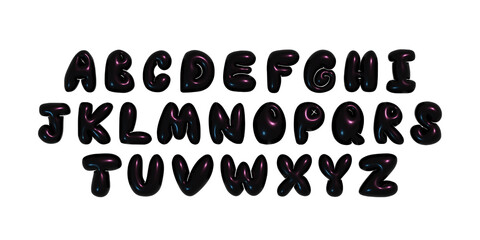 Glossy 3D black bubble font in Y2K style. Playful design inspired by 2000s or 90s, inflated balloon letters. Trendy English type. Realistic illustration