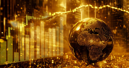 golden digital global world economy and stock market graph chart in graphic with capital city background. business, investment and financial concept.