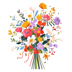 Bright and colorful bouquet of flowers in red, white and yellow, hand drawn in flat illustration style