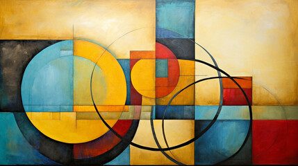 Fototapeta premium Abstract blend of textured geometric shapes and circles, modern style. Modern abstract painting featuring a dynamic composition of geometric shapes in bold, vibrant colors on canvas.