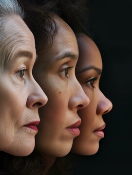 Profile portrait of three women of different age, ethnic origin, skin color, cultural and social background, struggle and advocacy for women's rights, support for equality, literacy and independence