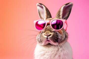 Generative AI image of Easter rabbit bunny with pink sunglasses, studio lighting, pink background