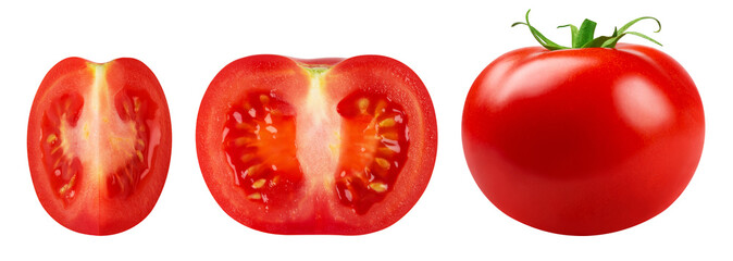 Collection of whole tomato, half and slice of tomato on a transparent background.