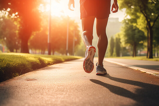 A close-up of runner's shoes on a sunlit path, indicating morning exercise. Fitness-themed image for active lifestyle and outdoor enthusiasts.