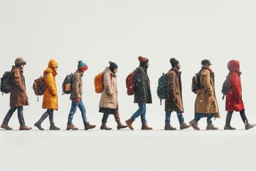 Obraz premium A line of unidentifiable people walking in a snowy environment, each dressed in unique winter clothing
