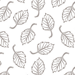 Birch leaf seamless pattern in line, outline art style. Abstract print with leaves for fabric, wrapping and textile. Vector illustration on a white background.